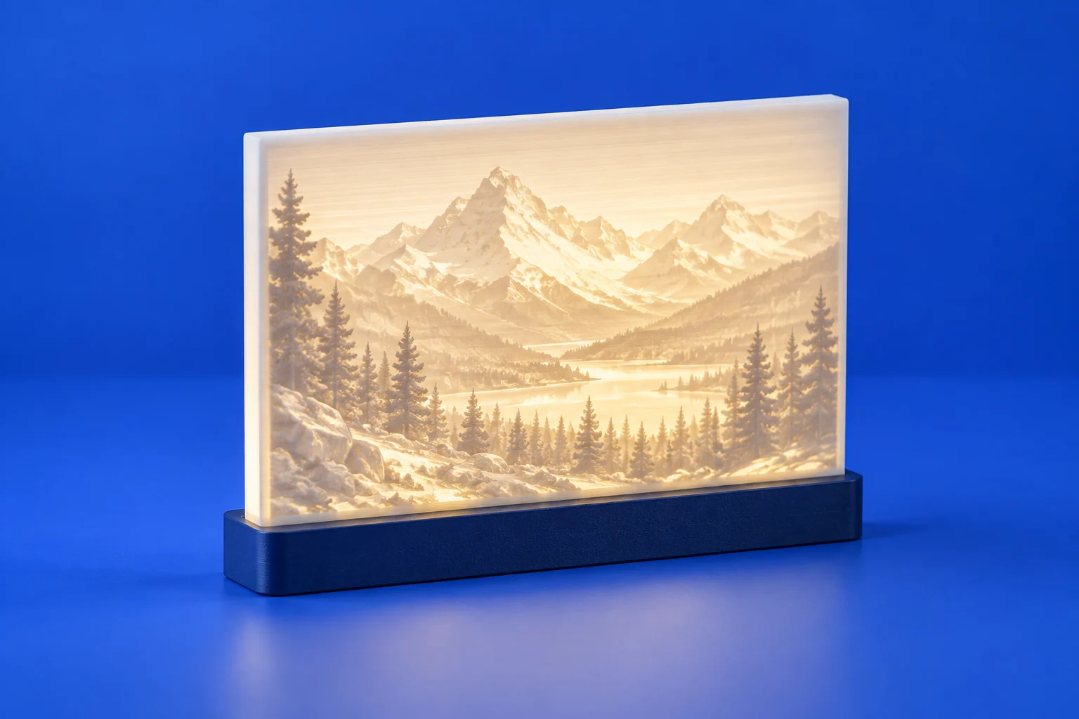 Warm hinterleuchtetes Lithophan mit Berglandschaft auf blauem Hintergrund