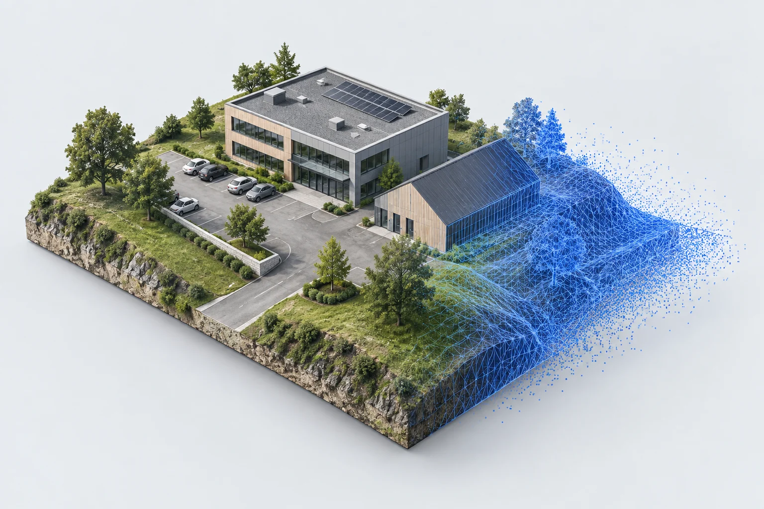 Gebäude und Gelände mit Übergang zu einem blauen 3D-Drahtgitter