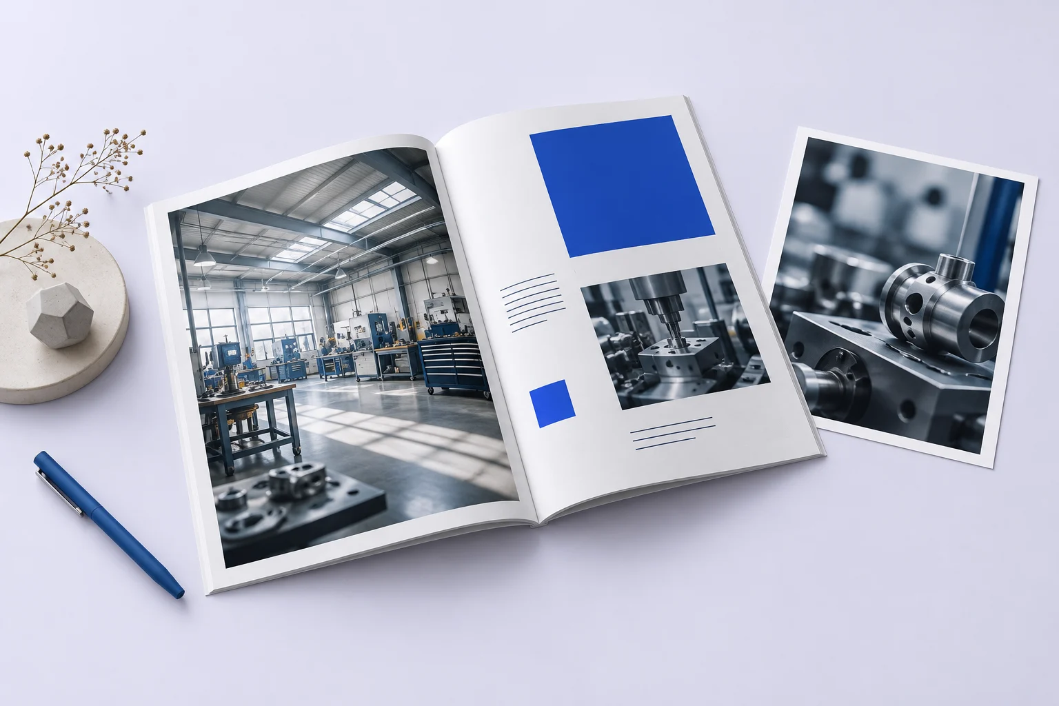 Aufgeschlagene Unternehmensbroschüre mit Werkstattfotografie und blauem Layout